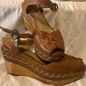 Frye Brown Leather Wedge Sandals with Ankle Strap